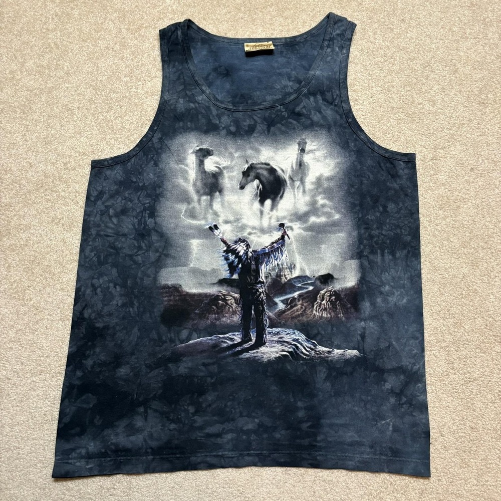 The Mountain Shirt Mens Large Blue Native American Horse Graphic Tank Sleeveless